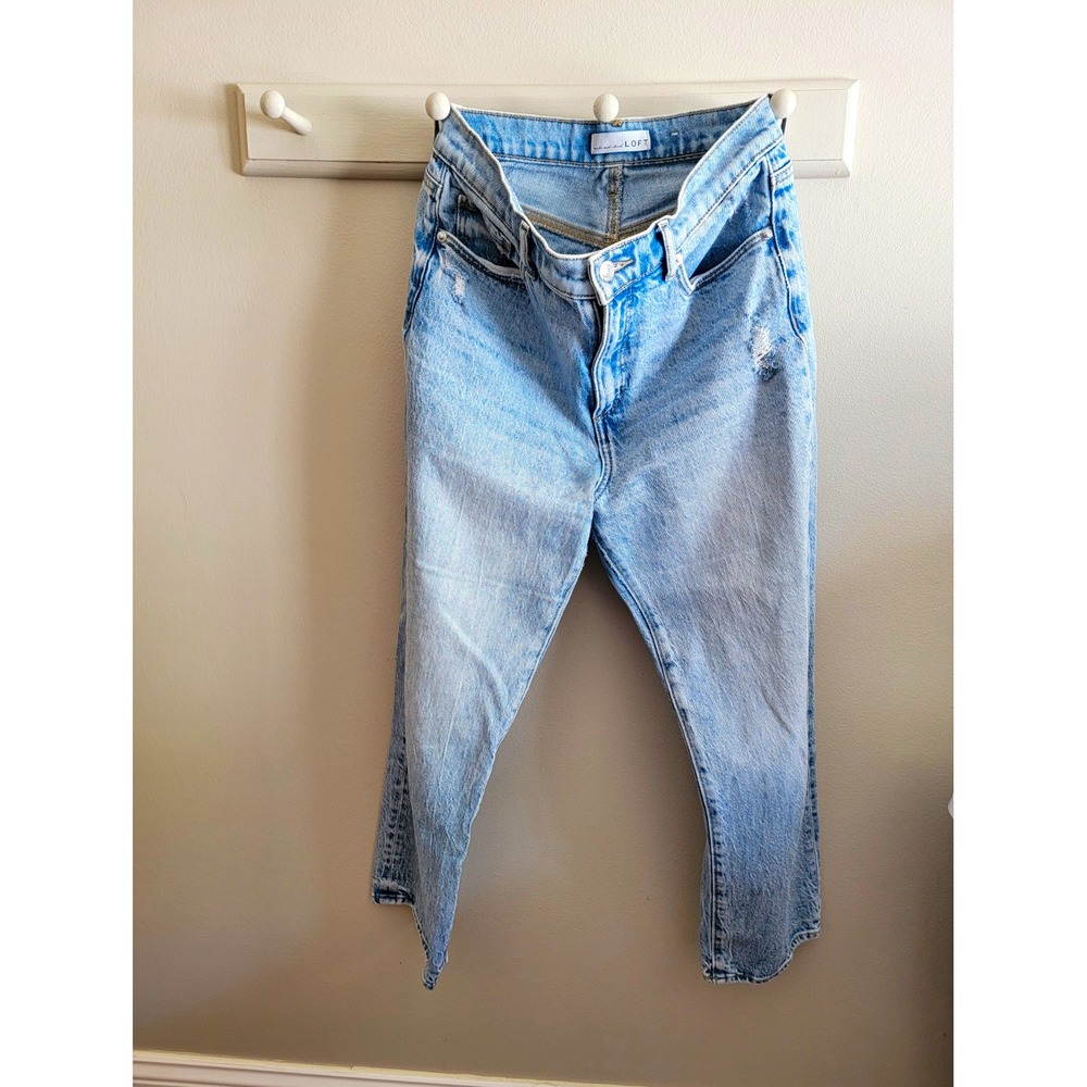 LOFT Women's 4P Straight Leg Denim Jean Light Wash Distressed High Waist Basic